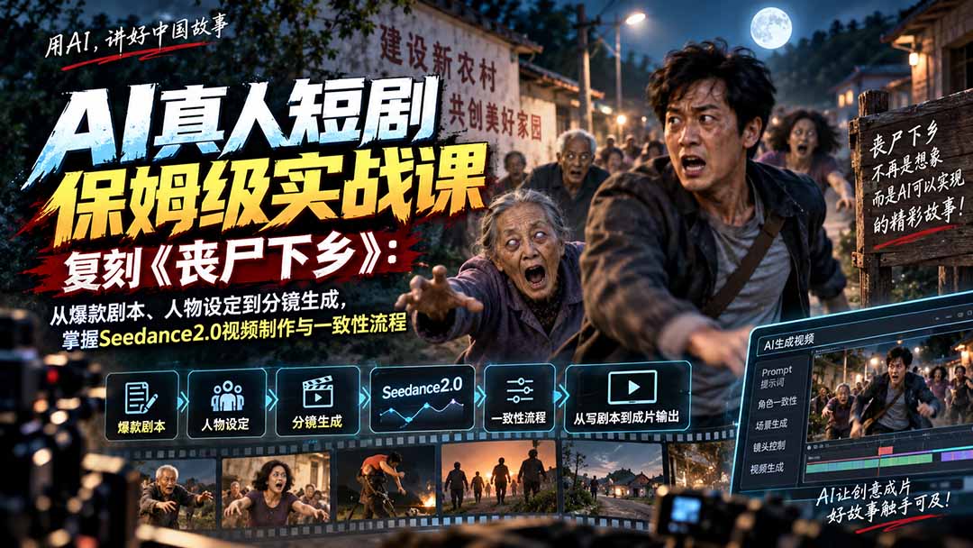 AI真人短剧保姆级实战课,复刻《丧尸下乡》:从爆款剧本、人物设定到分镜生成,掌握Seedance2.0视频制作与一致性流程-紫橙资源网