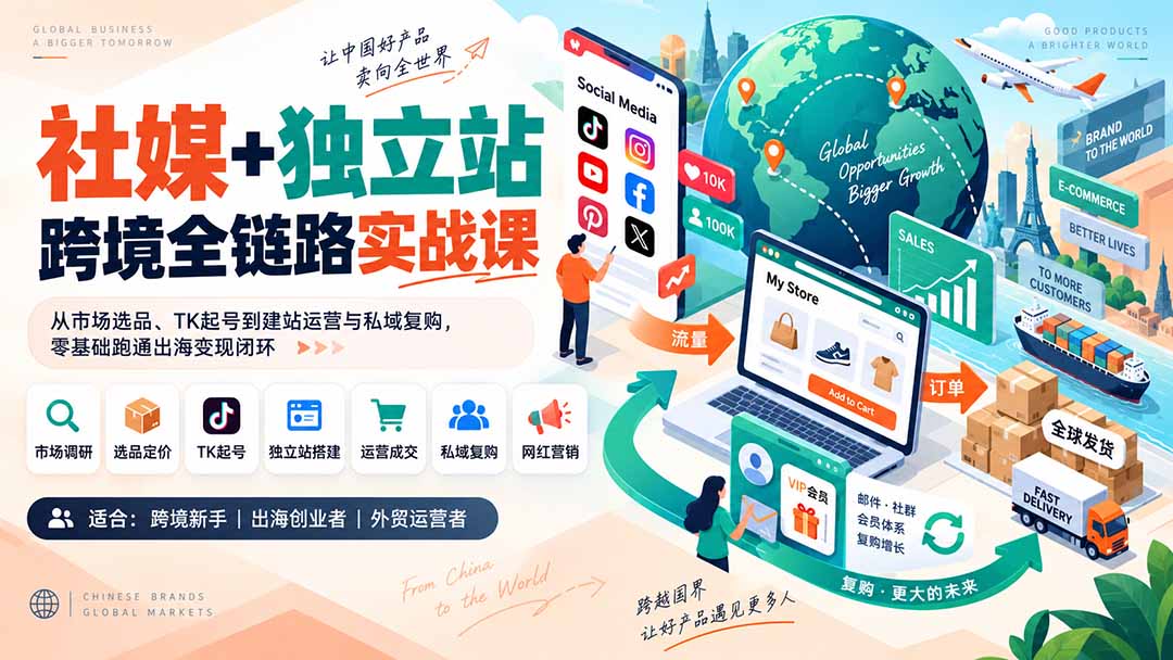 社媒+独立站跨境全链路实战课:从市场选品、TK起号到建站运营与私域复购,零基础跑通出海变现闭环-紫橙资源网