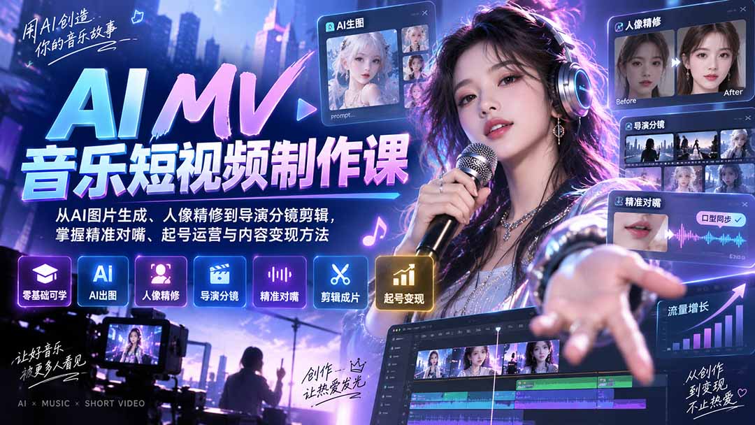 AI MV音乐短视频制作课:从AI图片生成、人像精修到导演分镜剪辑,掌握精准对嘴、起号运营与内容变现方法-紫橙资源网