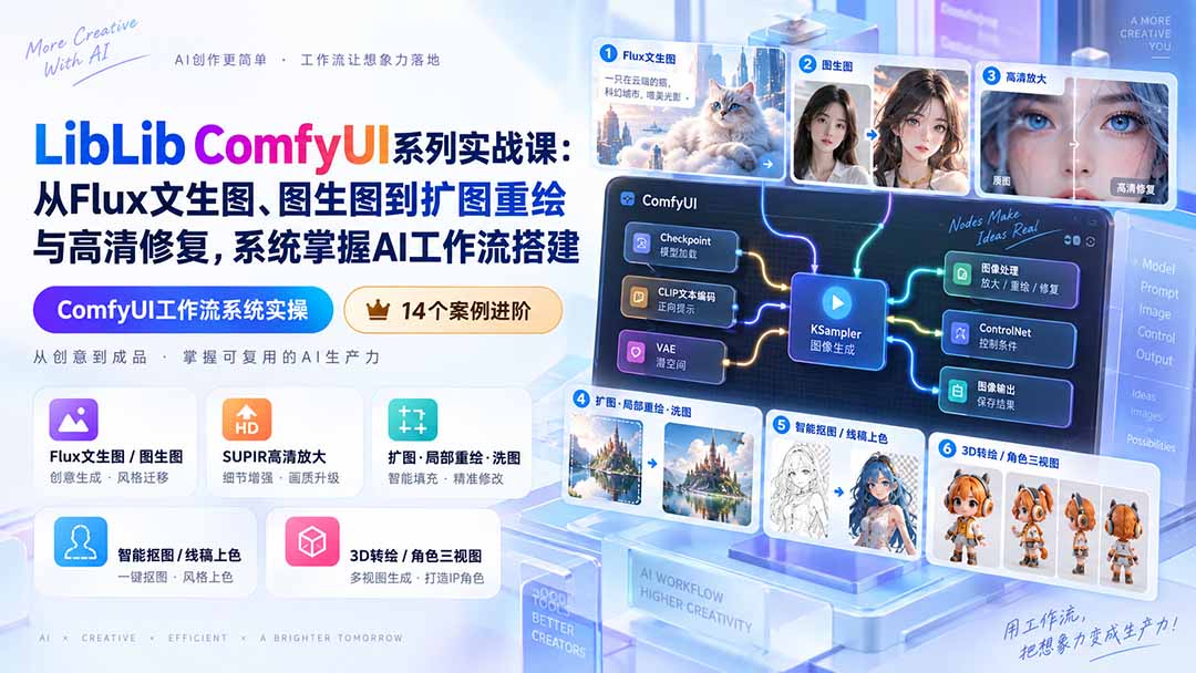LibLib ComfyUI系列实战课:从Flux文生图、图生图到扩图重绘与高清修复,系统掌握AI工作流搭建-紫橙资源网