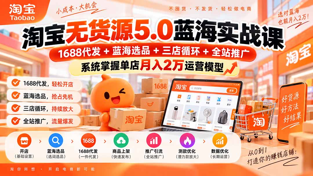 淘宝无货源5.0蓝海实战课-更新:1688代发+蓝海选品+三店循环+全站推广,系统掌握单店月入2万运营模型-紫橙资源网
