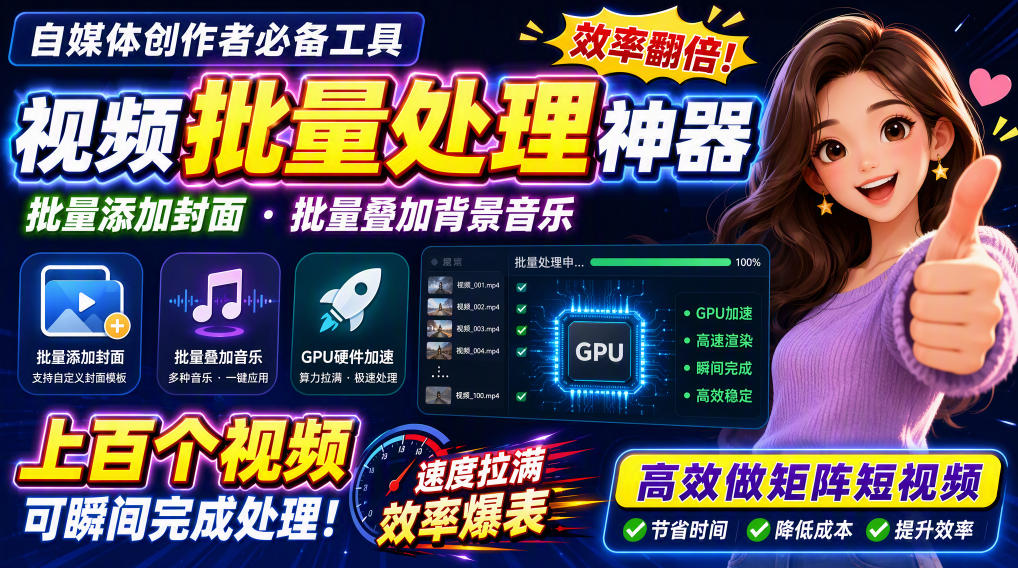 视频批量加封面,把封面添加到视频第一帧,不用剪辑软件批量添加-紫橙资源网
