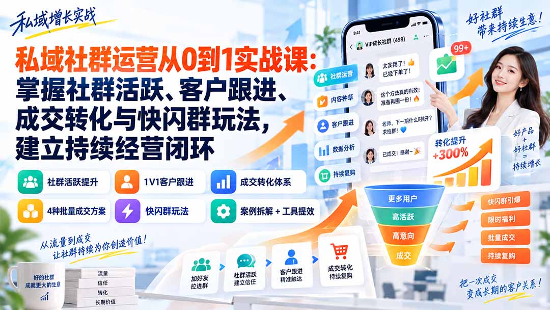 私域社群运营从0到1实战课：掌握社群活跃、客户跟进、成交转化与快闪群玩法，建立持续经营闭环-紫橙资源网