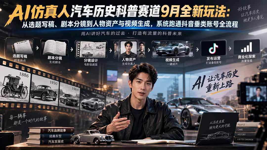 AI仿真人汽车历史科普赛道9月全新玩法：从选题写稿、剧本分镜到人物资产与视频生成，系统跑通抖音垂类账号全流程-紫橙资源网
