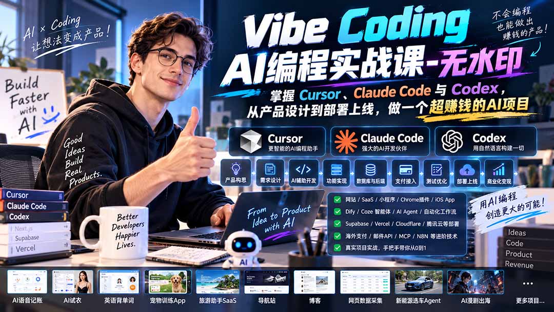 Vibe Coding AI编程实战课-无水印:掌握Cursor、Claude Code与Codex,从产品设计到部署上线,做一个超赚钱的AI项目-紫橙资源网