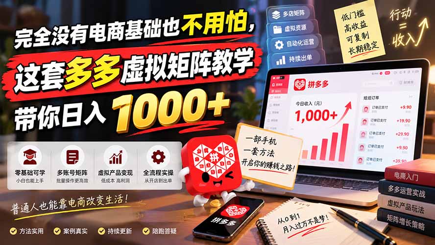 完全没有电商基础也不用怕,这套多多虚拟矩阵教学带你日入 1000+-紫橙资源网