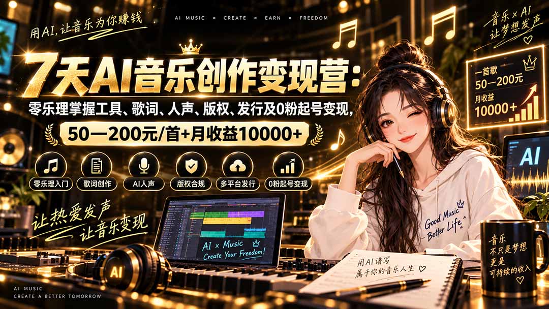 AI音乐创作变现营:零乐理掌握工具、歌词、人声、版权、发行及0粉起号变现,50—200元/首+月收益10000+-紫橙资源网