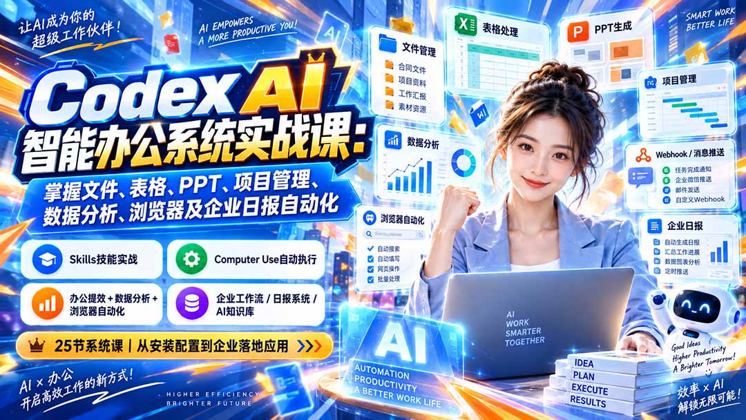 Codex AI智能办公系统实战课:掌握文件、表格、PPT、项目管理、数据分析、浏览器及企业日报自动化-紫橙资源网