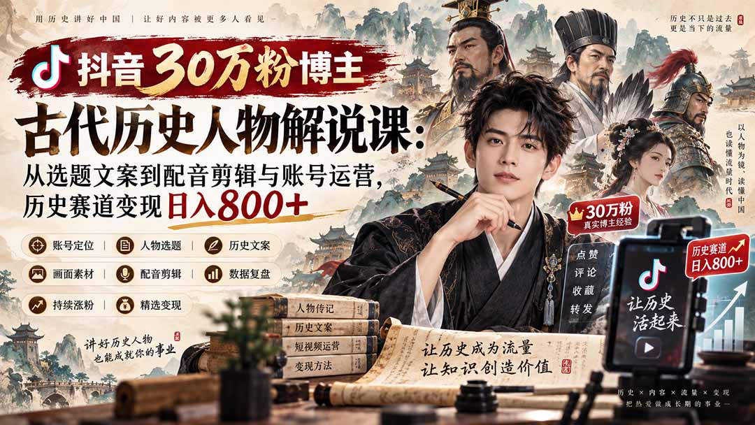 抖音30万粉博主古代历史人物解说课:从选题文案到配音剪辑与账号运营,历史赛道变现日入800+-紫橙资源网