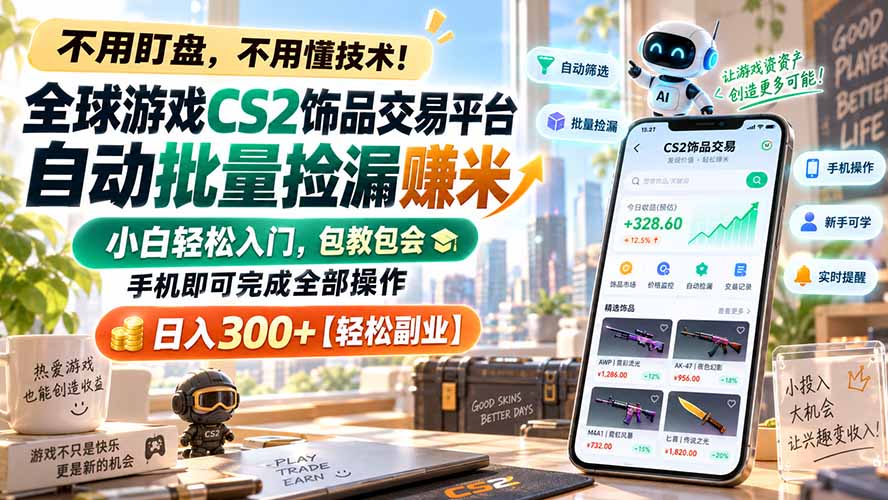 全球游戏CS2饰品交易平台自动批量捡漏赚米,小白轻松入门,包教包会,手机即可完成全部操作,日入300+【轻松副业】-紫橙资源网