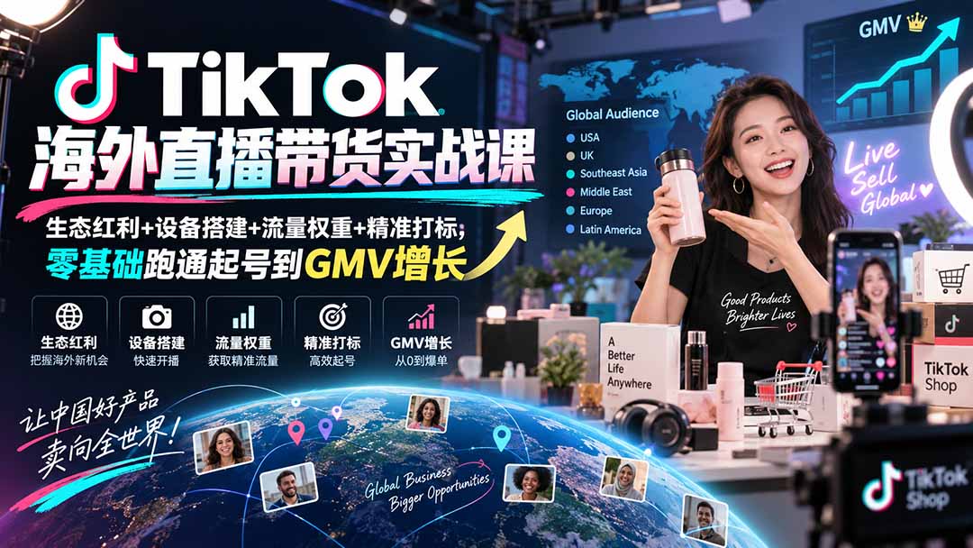 TikTok海外直播带货实战课|生态红利+设备搭建+流量权重+精准打标,零基础跑通起号到GMV增长-紫橙资源网