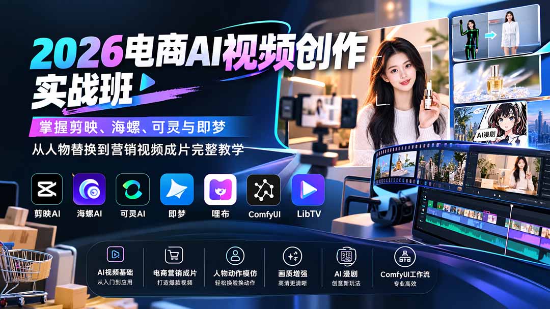 2026电商AI视频创作实战班:掌握剪映、海螺、可灵与即梦,从人物替换到营销视频成片完整教学-紫橙资源网