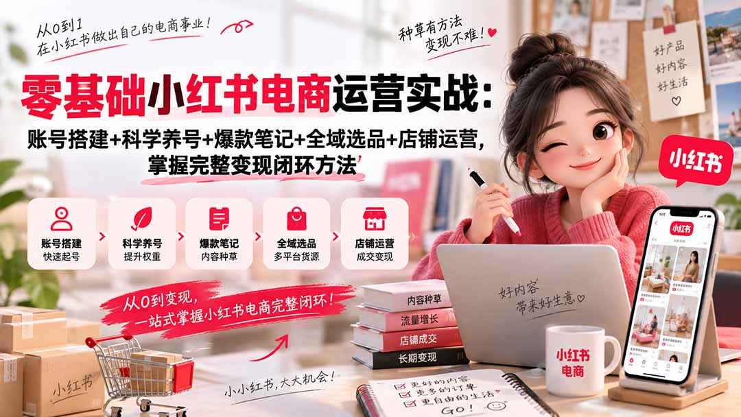 零基础小红书电商运营实战:账号搭建+科学养号+爆款笔记+全域选品+店铺运营,掌握完整变现闭环方法-紫橙资源网