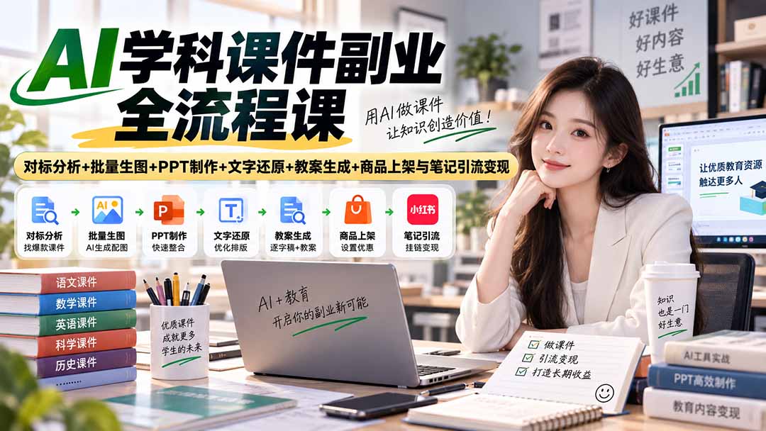 AI学科课件副业全流程课|对标分析+批量生图+PPT制作+文字还原+教案生成+商品上架与笔记引流变现-紫橙资源网