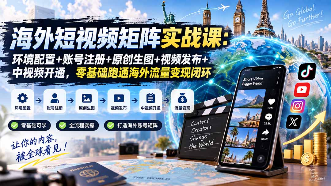 海外短视频矩阵实战课:环境配置+账号注册+原创生图+视频发布+中视频开通,零基础跑通海外流量变现闭环-紫橙资源网