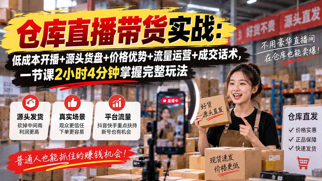 仓库直播带货实战:低成本开播+源头货盘+价格优势+流量运营+成交话术,一节课2小时4分钟掌握完整玩法-紫橙资源网