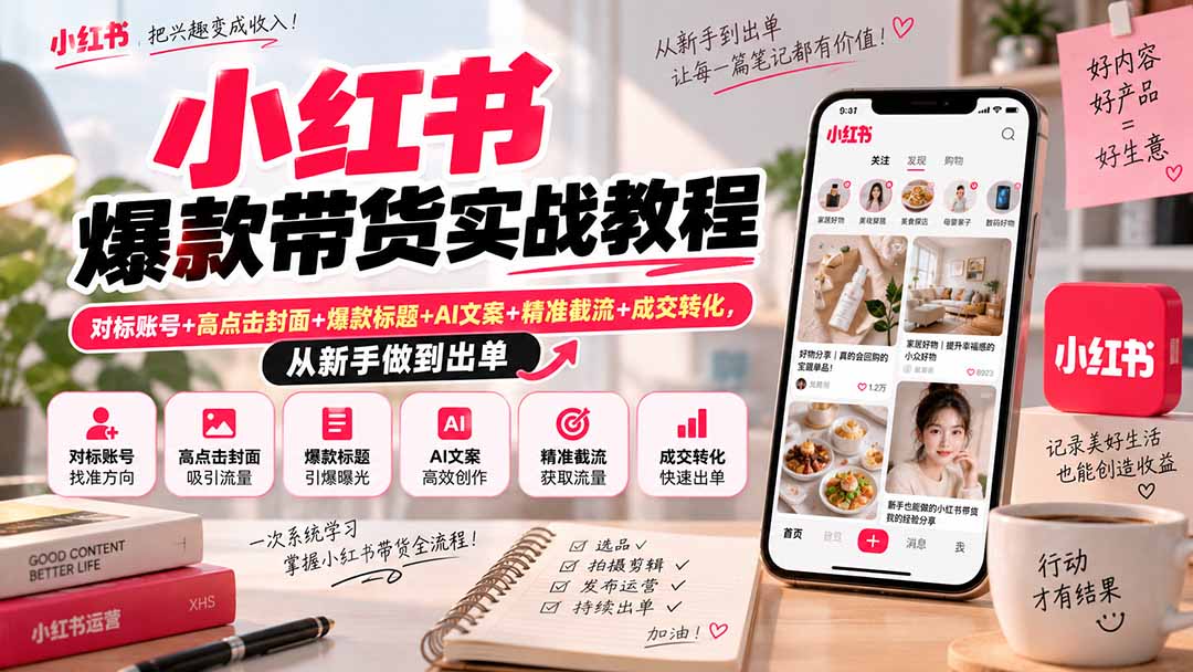 小红书爆款带货实战教程|对标账号+高点击封面+爆款标题+AI文案+精准截流+成交转化,从新手做到出单-紫橙资源网