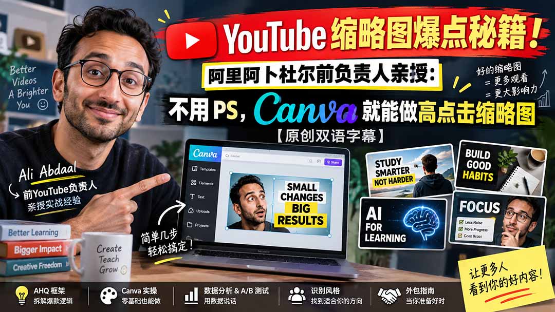 YouTube 缩略图爆点秘籍!阿里阿卜杜尔前负责人亲授:不用 PS,Canva 就能做高点击缩略图【原创双语字幕】-紫橙资源网