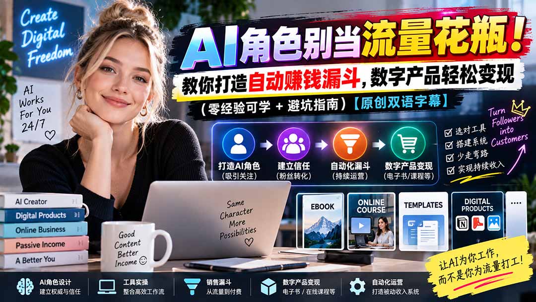 AI角色别当流量花瓶!教你打造自动赚钱漏斗,数字产品轻松变现(零经验可学+避坑指南)【原创双语字幕】-紫橙资源网