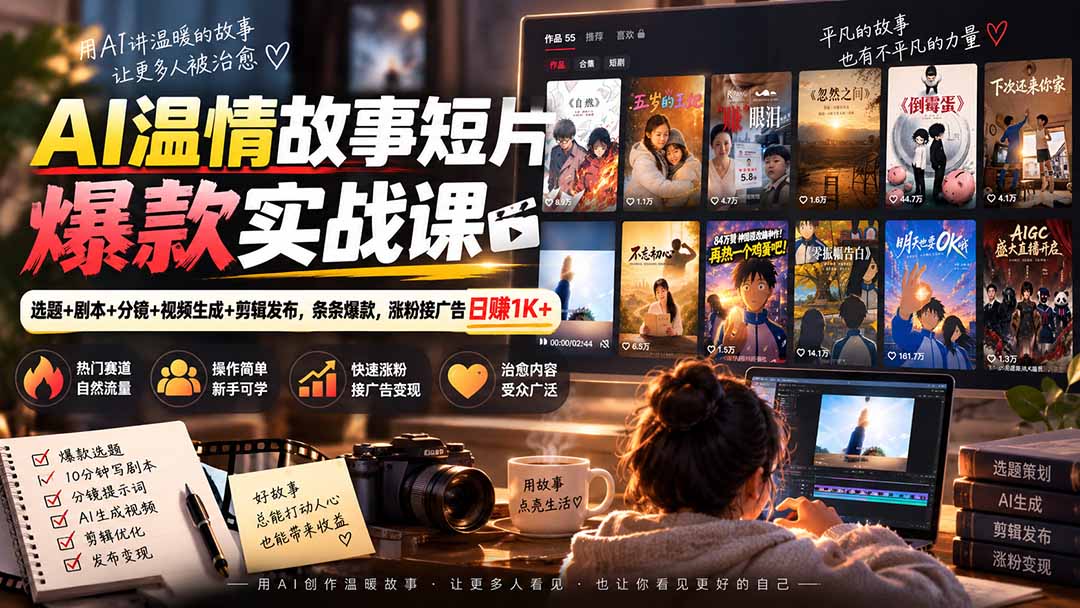 AI温情故事短片爆款实战课-更新|选题+剧本+分镜+视频生成+剪辑发布,条条爆款,涨粉接广告日赚1K+-紫橙资源网
