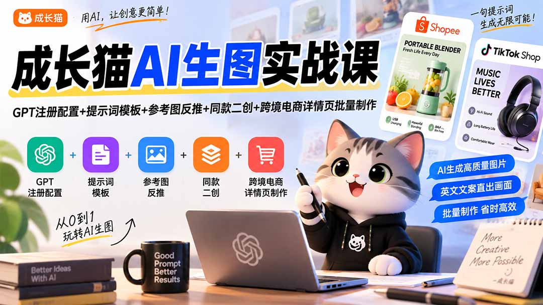 成长猫AI生图实战课|GPT注册配置+提示词模板+参考图反推+同款二创+跨境电商详情页批量制作-紫橙资源网