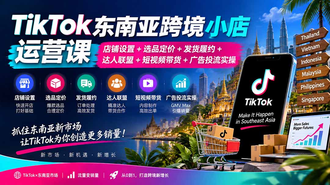 TikTok东南亚跨境小店运营课:店铺设置+选品定价+发货履约+达人联盟+短视频带货+广告投流实操-紫橙资源网