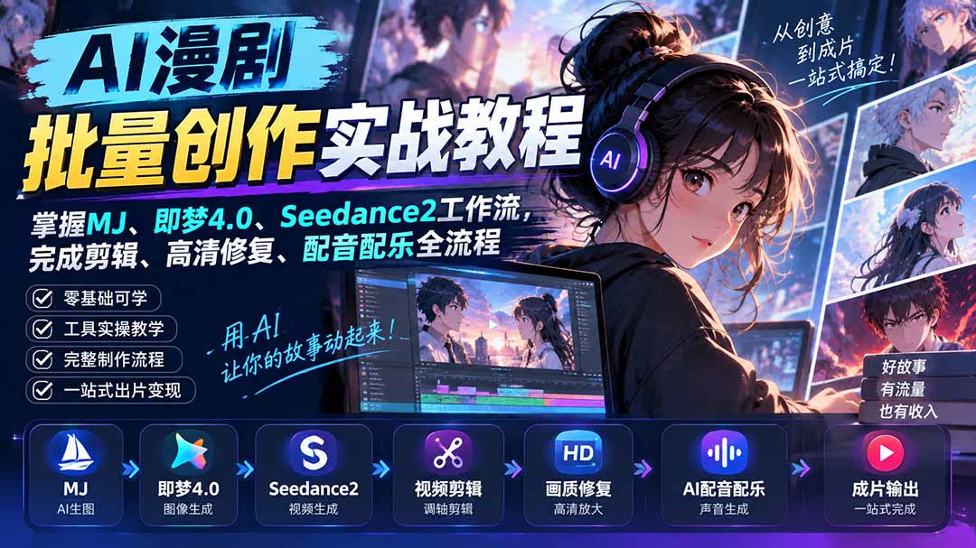 AI漫剧批量创作实战教程:掌握MJ、即梦4.0、Seedance2工作流,完成剪辑、高清修复、配音配乐全流程-紫橙资源网