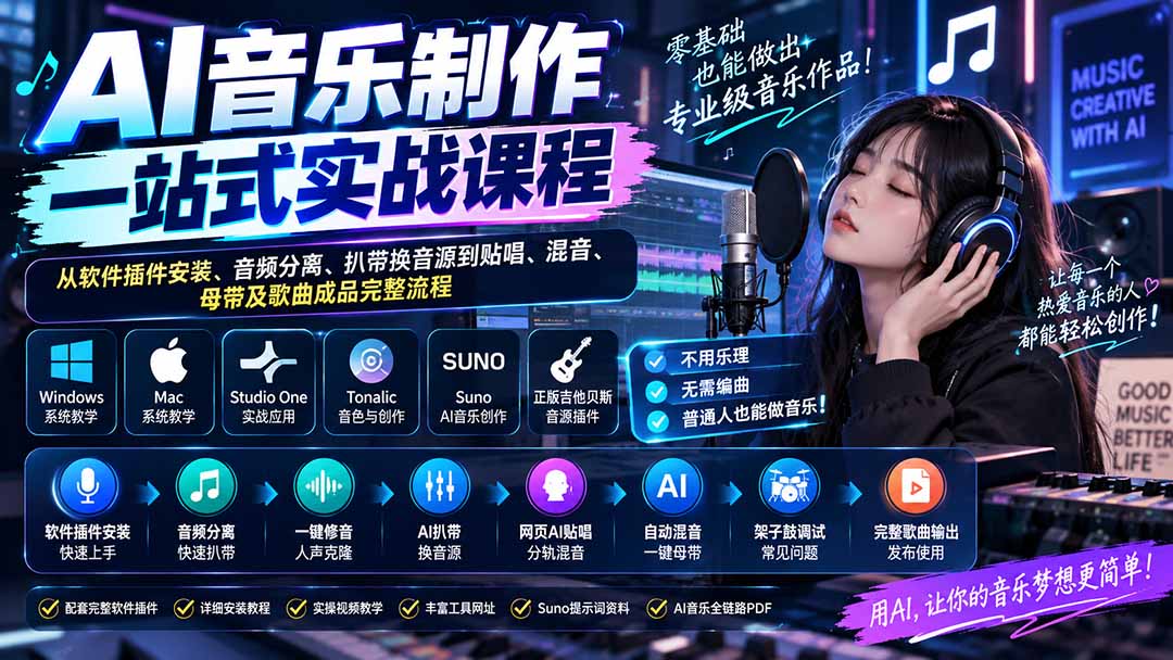 AI音乐制作一站式实战课程:从软件插件安装、音频分离、扒带换音源到贴唱、混音、母带及歌曲成品完整流程-紫橙资源网
