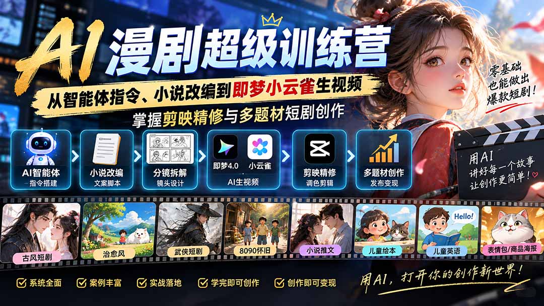 AI漫剧超级特训营:从智能体指令、小说改编到即梦小云雀生视频,掌握剪映精修与多题材短剧创作-紫橙资源网