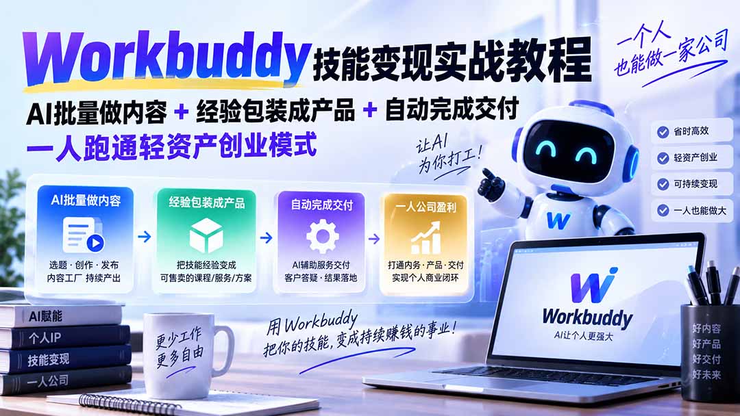 Workbuddy技能变现实战教程:AI批量做内容+经验包装成产品+自动完成交付,一人跑通轻资产创业模式-紫橙资源网