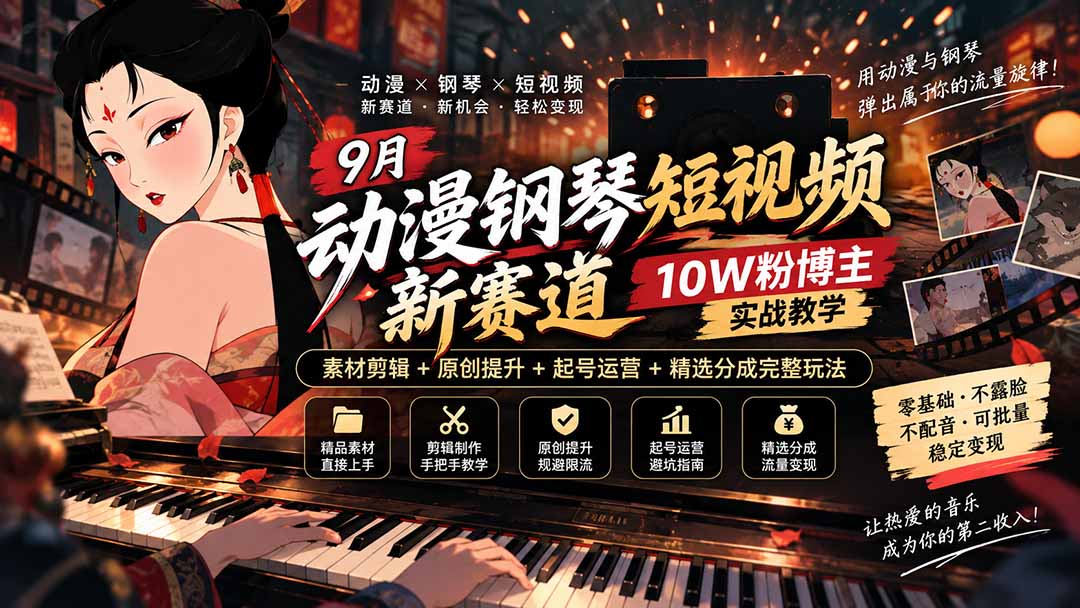9月动漫钢琴短视频新赛道｜10W粉博主实战教学，素材剪辑+原创提升+起号运营+精选分成完整玩法-紫橙资源网