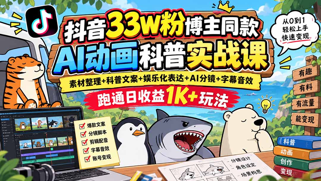 抖音33W粉博主同款AI动画科普实战课｜素材整理+科普文案+娱乐化表达+AI分镜+字幕音效，跑通日收益1K+玩法-紫橙资源网