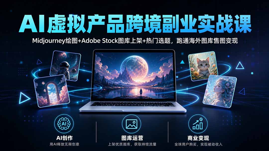 AI虚拟产品跨境副业实战课｜Midjourney绘图+Adobe Stock图库上架+热门选题，跑通海外图库售图变现-紫橙资源网