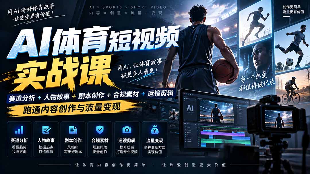 AI体育短视频赛道顶级玩法｜赛道分析+人物故事+剧本创作+版权处理+运镜剪辑，跑通流量变现-日赚1K+-紫橙资源网