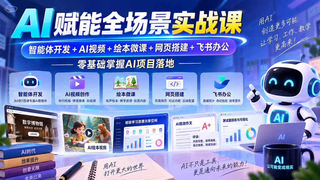 AI赋能全场景实战课｜智能体开发+AI视频+绘本微课+网页搭建+飞书办公，零基础掌握AI项目落地-紫橙资源网
