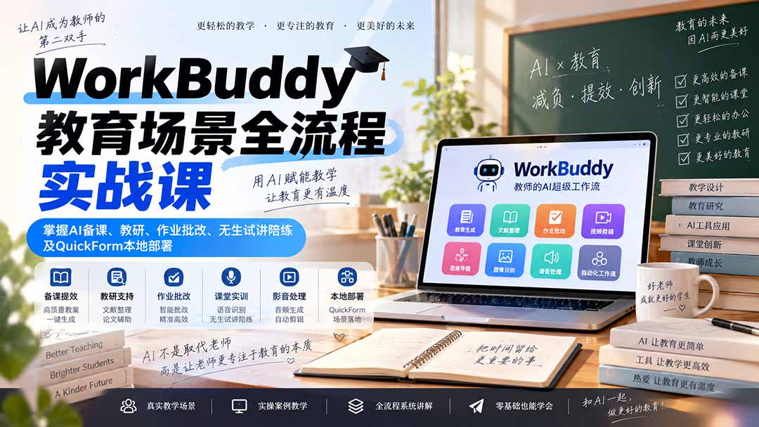 WorkBuddy教育场景全流程实战课：掌握AI备课、教研、作业批改、无生试讲陪练及QuickForm本地部署-紫橙资源网