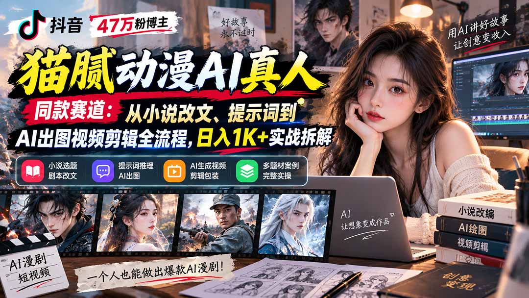 抖音47万粉博主猫腻动漫AI真人同款赛道:从小说改文、提示词到AI出图视频剪辑全流程,日入1K+实战拆解-紫橙资源网