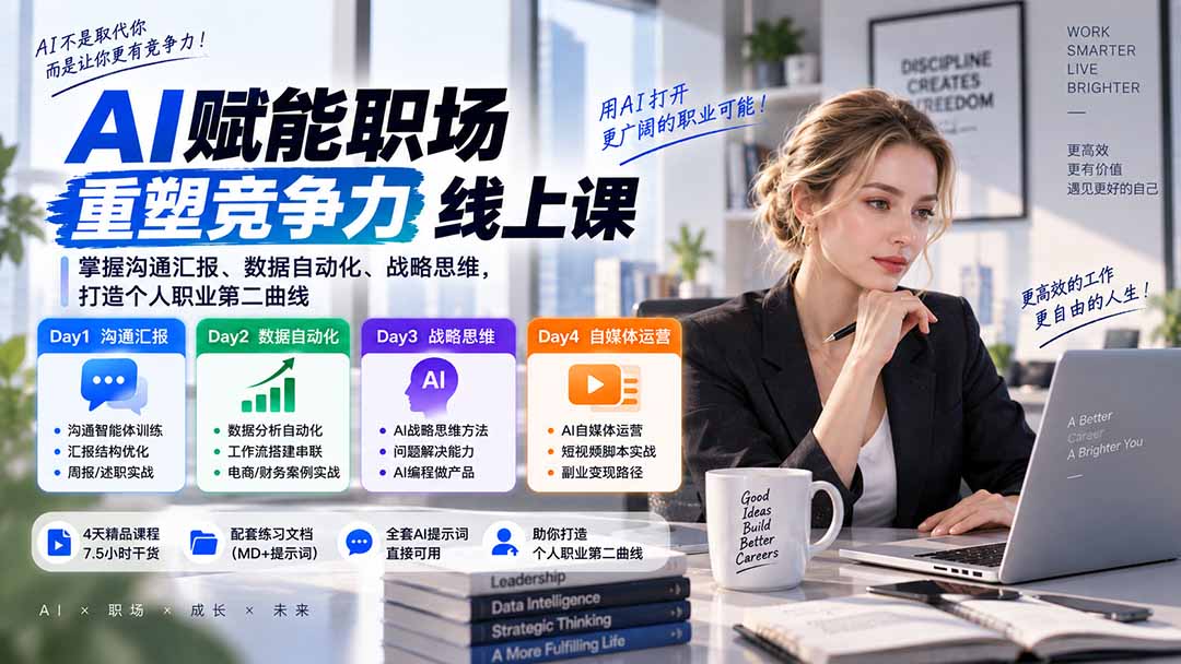 AI职场提效与第二曲线实战课-无水印:学习沟通汇报、数据工作流和战略思维,掌握AI编程做产品及自媒体运营方法-紫橙资源网