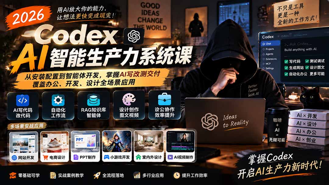2026 Codex AI智能生产力系统课-更新|从安装配置到智能体开发,掌握AI写改测交付,覆盖办公、开发、设计全场景应用-紫橙资源网