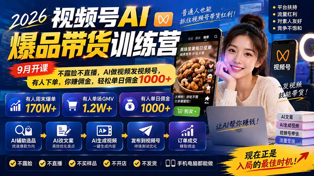 2026视频号AI爆品带货训练营-9月开课|不露脸不直播,AI做视频发视频号,有人下单,你赚佣金,轻松单日佣金1000+-紫橙资源网