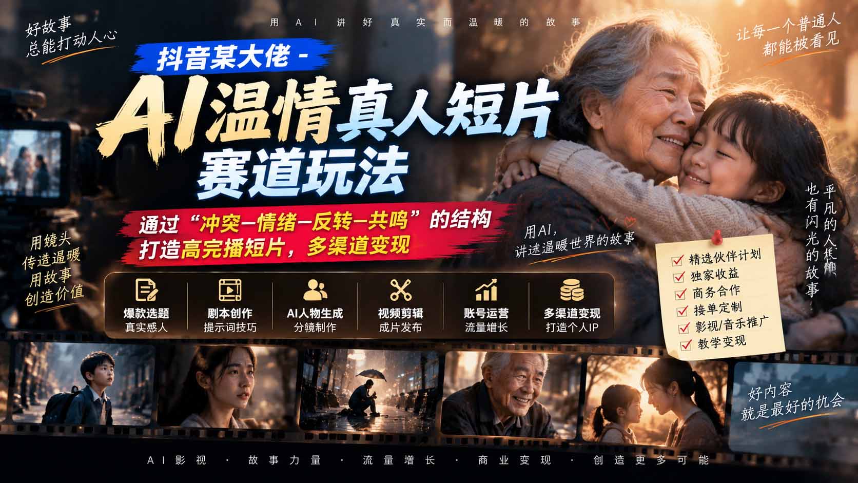 抖音某大佬-AI温情真人短片赛道玩法:通过“冲突—情绪—反转—共鸣”的结构打造高完播短片,多渠道变现-紫橙资源网