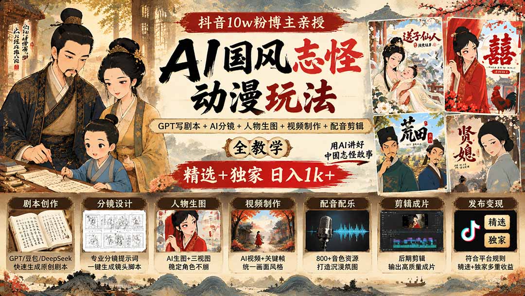 抖音10w粉博主亲授AI国风志怪动漫玩法|GPT写剧本+AI分镜+人物生图+视频制作+配音剪辑全教学|精选+独家日入1k+-紫橙资源网