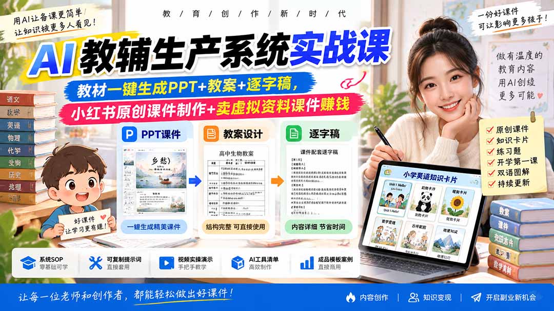AI教辅生产系统实战课|教材一键生成PPT+教案+逐字稿,小红书原创课件制作+卖虚拟资料课件赚钱-紫橙资源网
