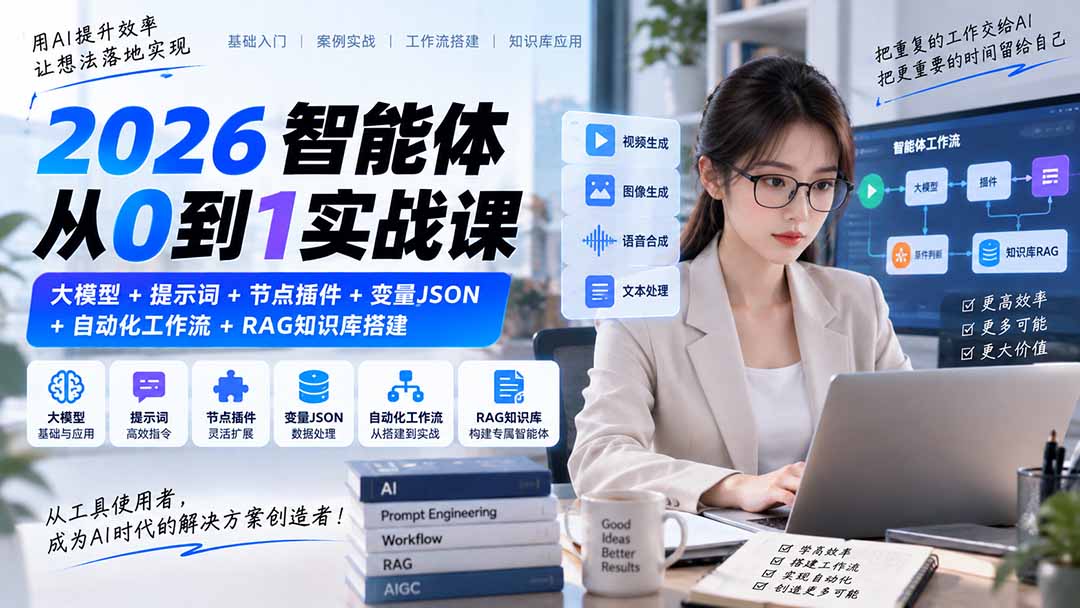 2026智能体从0到1实战课|大模型+提示词+节点插件+变量JSON+自动化工作流+RAG知识库搭建-紫橙资源网