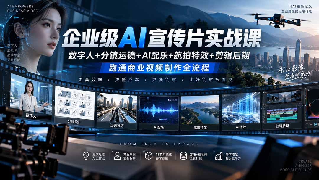 企业级AI宣传片实战课｜数字人+分镜运镜+AI配乐+航拍特效+剪辑后期，跑通商业视频制作全流程-紫橙资源网