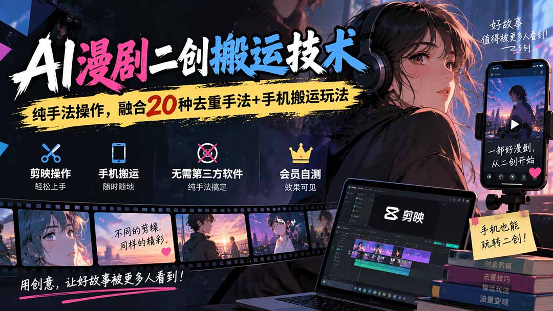 AI漫剧二创搬运技术，纯手法操作，融合20种去重手法++手机搬运玩法-紫橙资源网