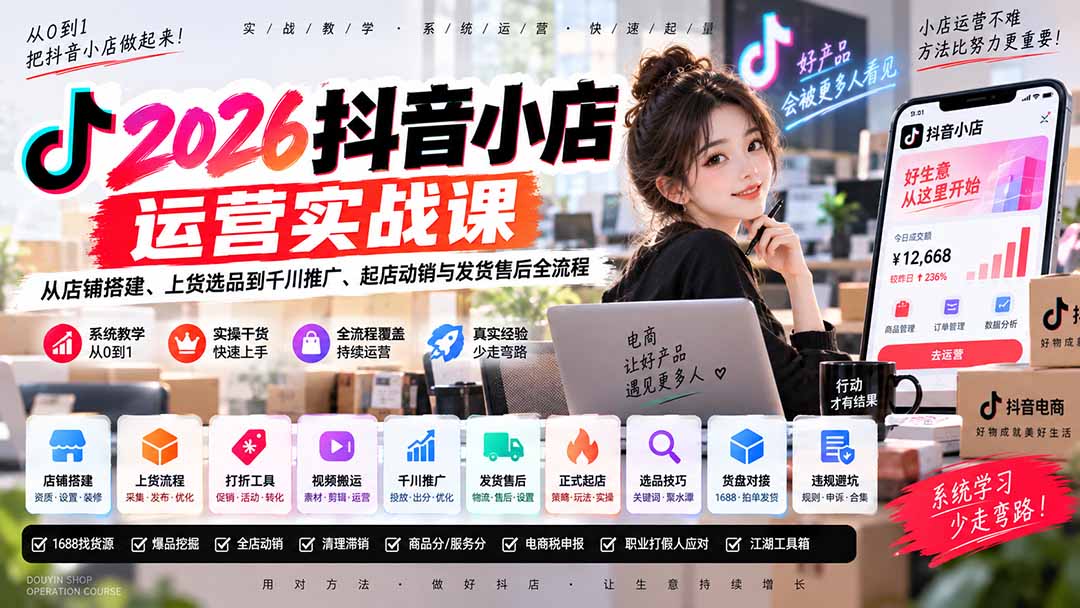 2026抖音小店运营实战课|从店铺搭建、上货选品到千川推广、起店动销与发货售后全流程-紫橙资源网