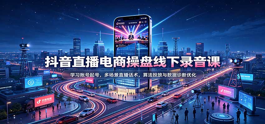 抖音直播电商操盘线下录音课:学习账号起号,多场景直播话术,算法投放与数据诊断优化-紫橙资源网
