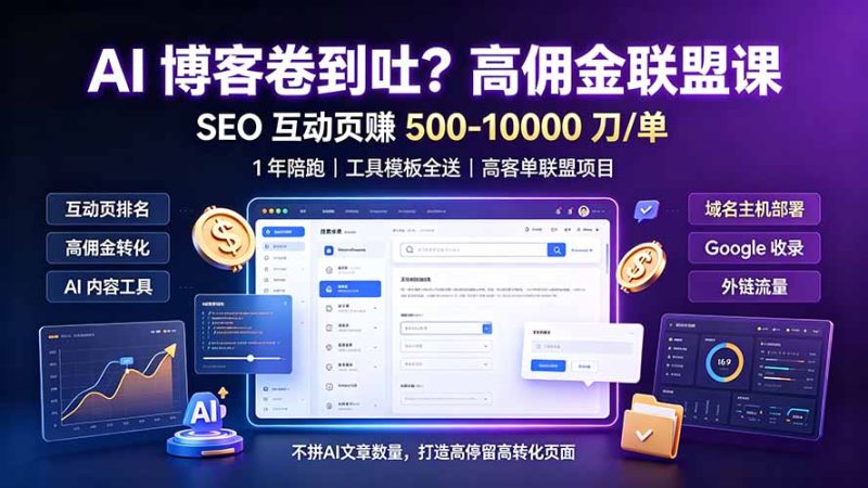 AI 博客卷到吐?高佣金联盟课:SEO 互动页赚 500-10000 刀 单,1 年陪跑 + 工具模板全送-紫橙项目网