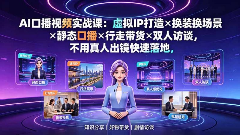 AI口播视频实战课:虚拟IP打造×换装换场景×静态口播×行走带货×双人访谈,不用真人出镜快速落地-紫橙项目网